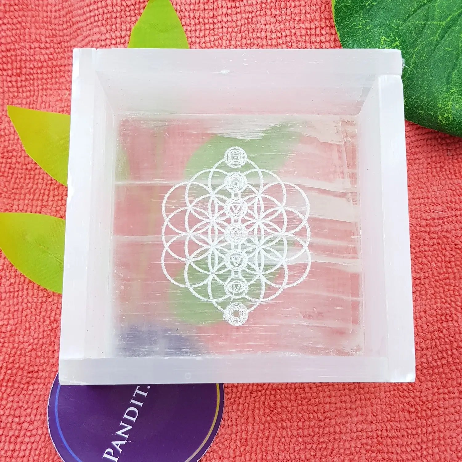 Selenite Flower of Life with 7 Chakra Square Charging Bowl