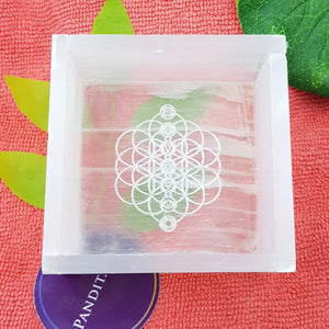 Selenite Flower of Life with 7 Chakra Square Charging Bowl