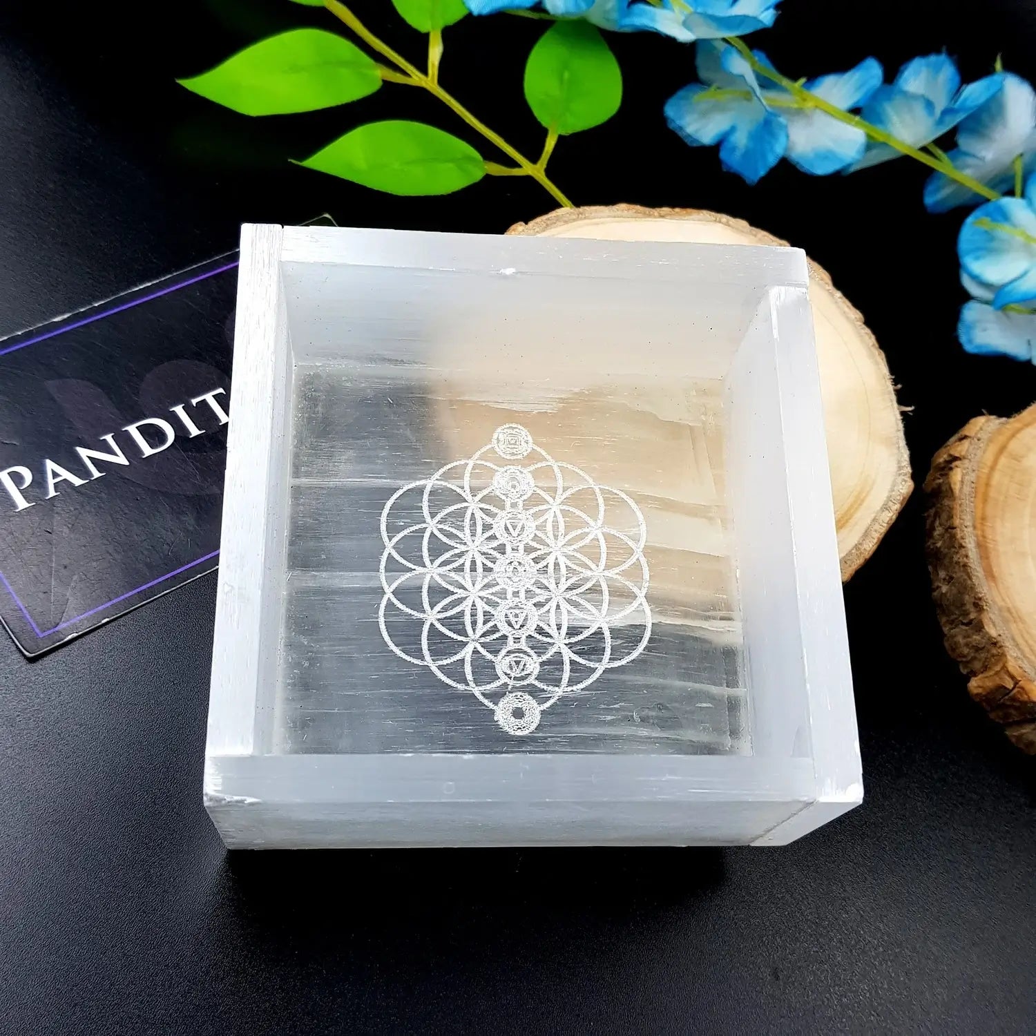Selenite Flower of Life with 7 Chakra Square Charging Bowl