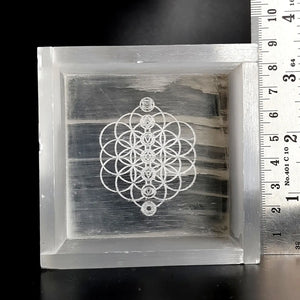 Selenite Flower of Life with 7 Chakra Square Charging Bowl