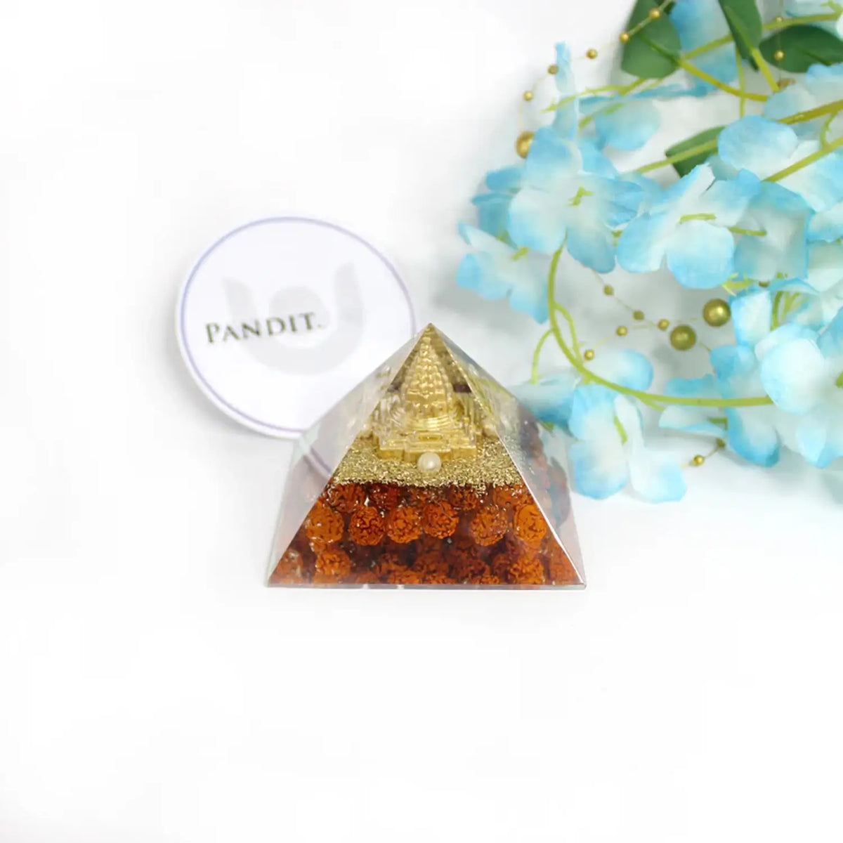 Shree Yantra Orgone Pyramid with Rudraksha Beads — full pyramid view with all faces visible
