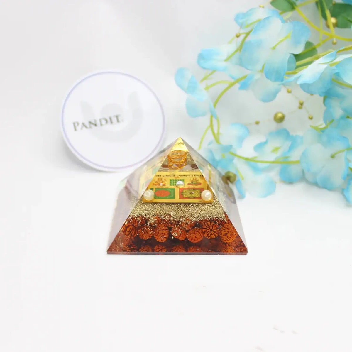 Shri Lakshmi Ganesh Pyramid Yantra with 5 Mukhi Rudraksha Beads — full yantra view showing sacred geometry