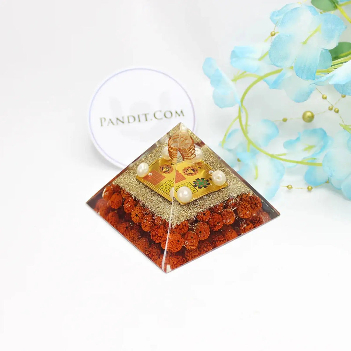 Shri Vyapar Vridhi Pyramid Yantra with 5 Mukhi Rudraksha Beads — full yantra view showing sacred geometry