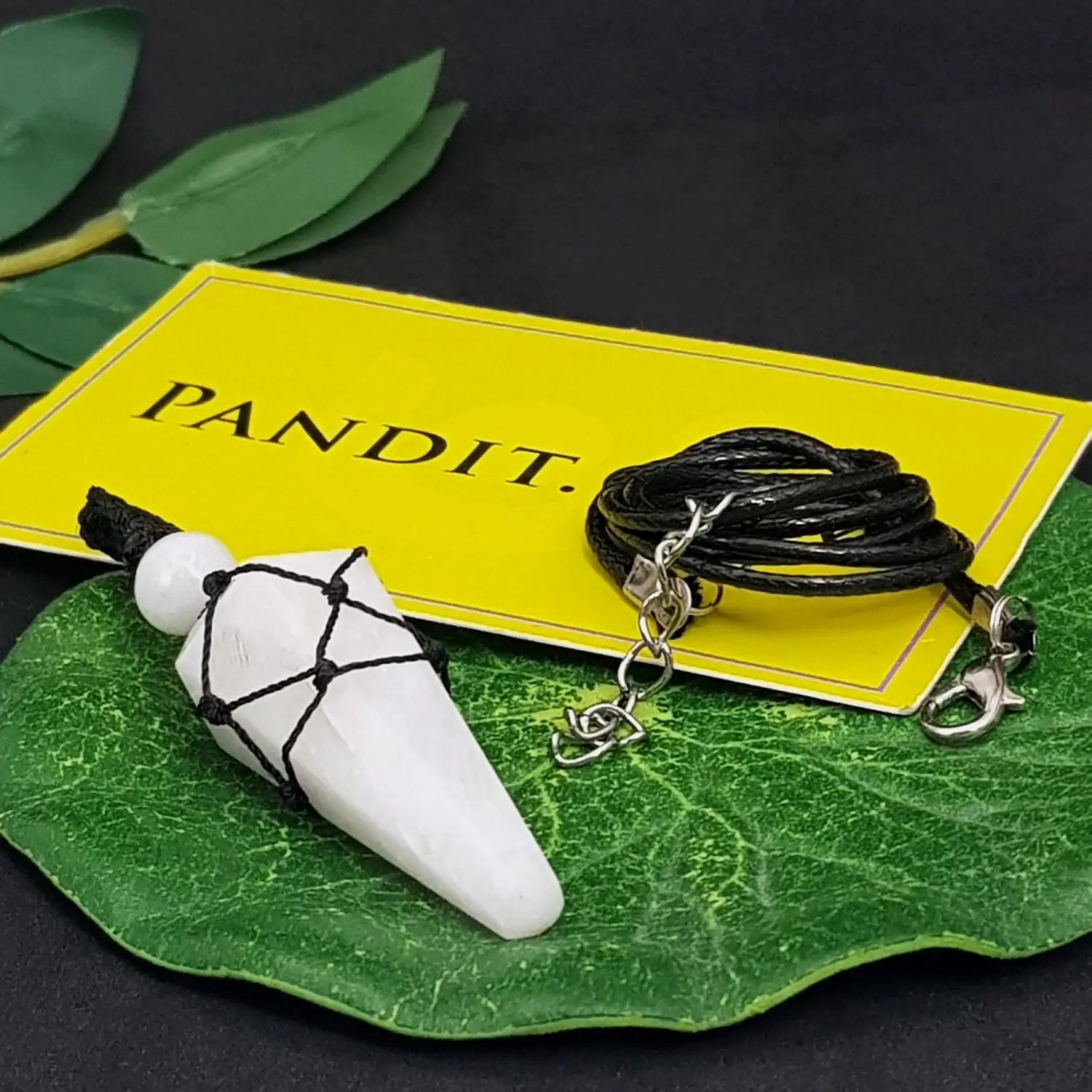 Snow Quartz Dowsing Pendulum — full pendulum with chain view