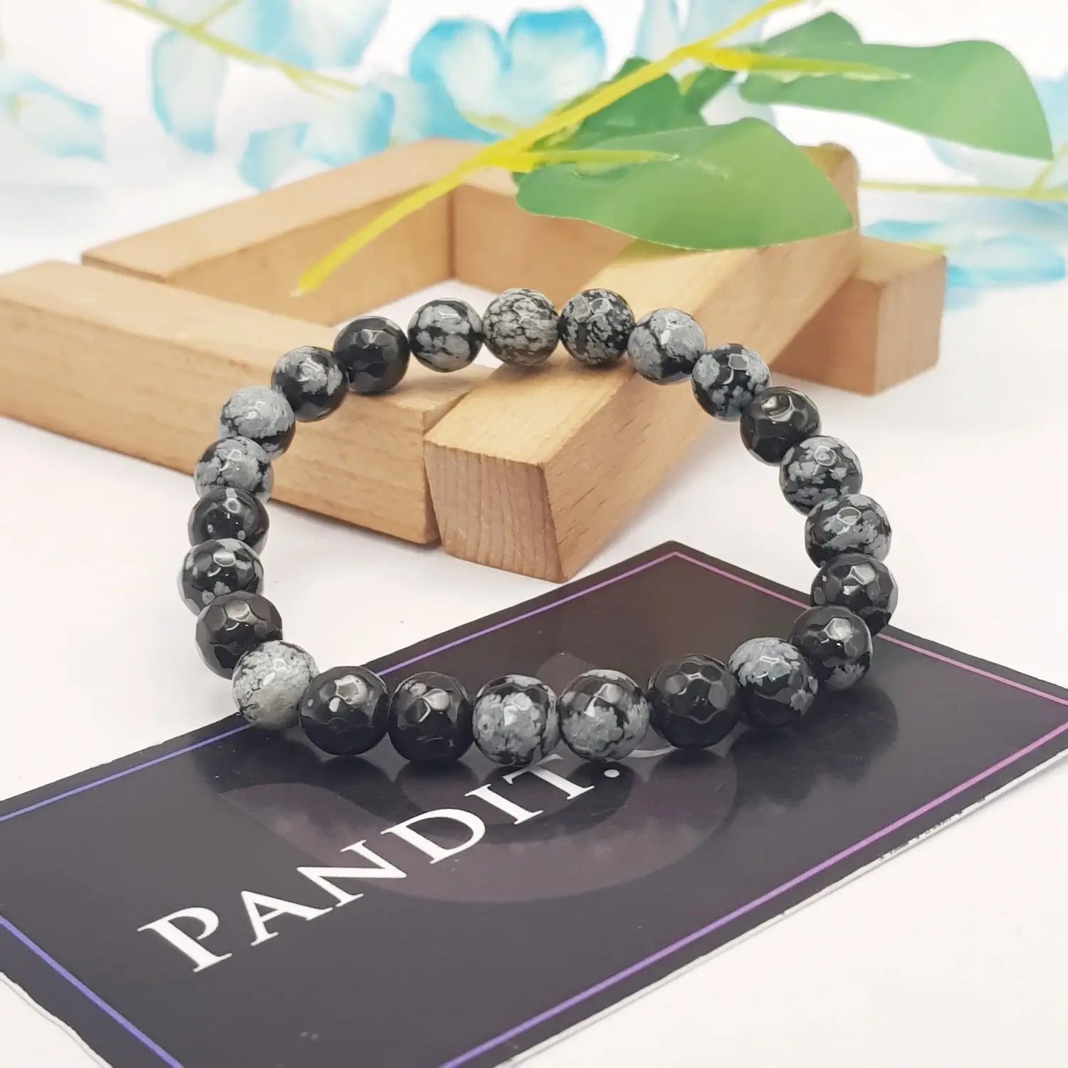 Snowflake Obsidian Diamond Cut Bracelet — close-up of Snowflake Obsidian Diamond Cut stones revealing natural patterns