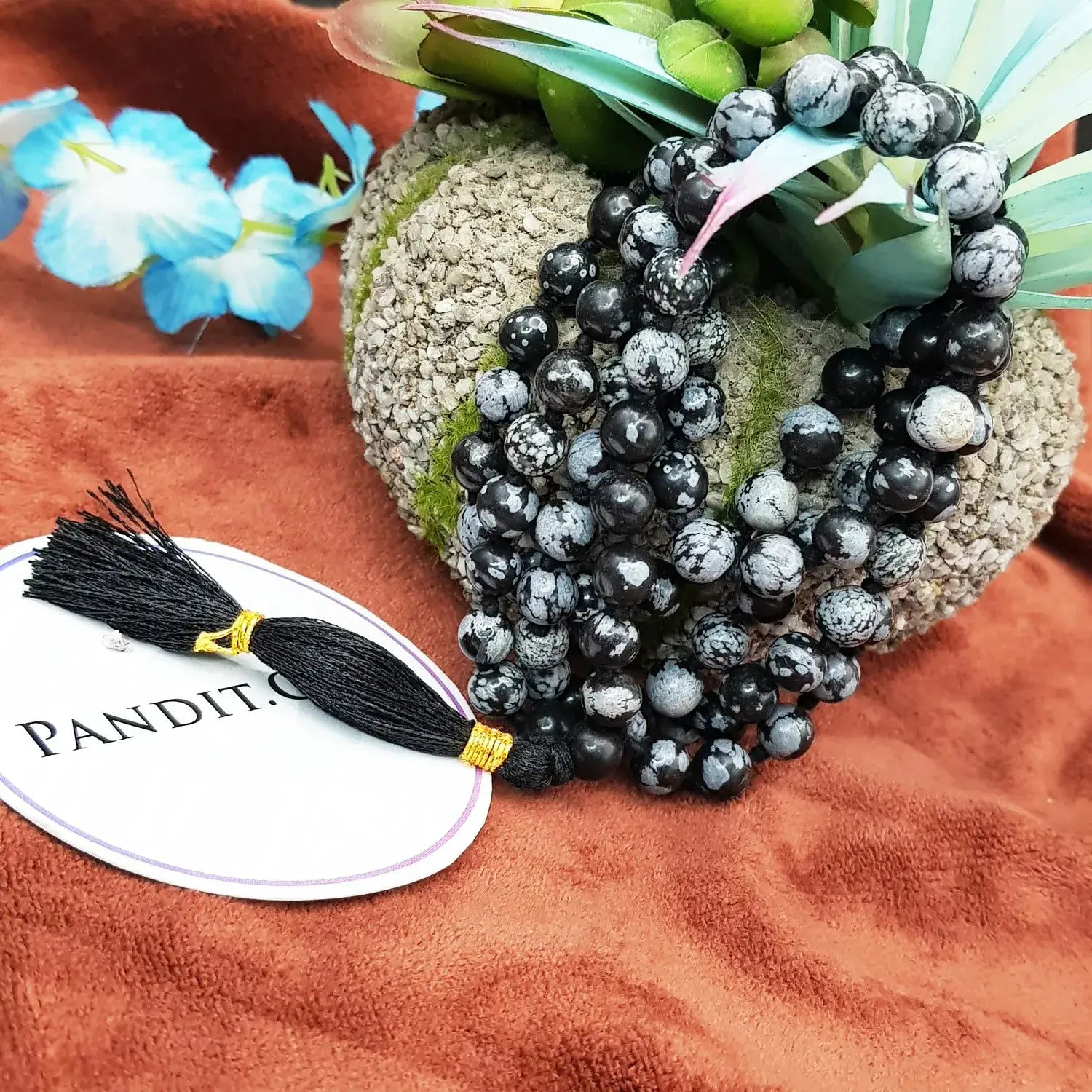 Snowflake Obsidian Mala — full 108-bead mala view