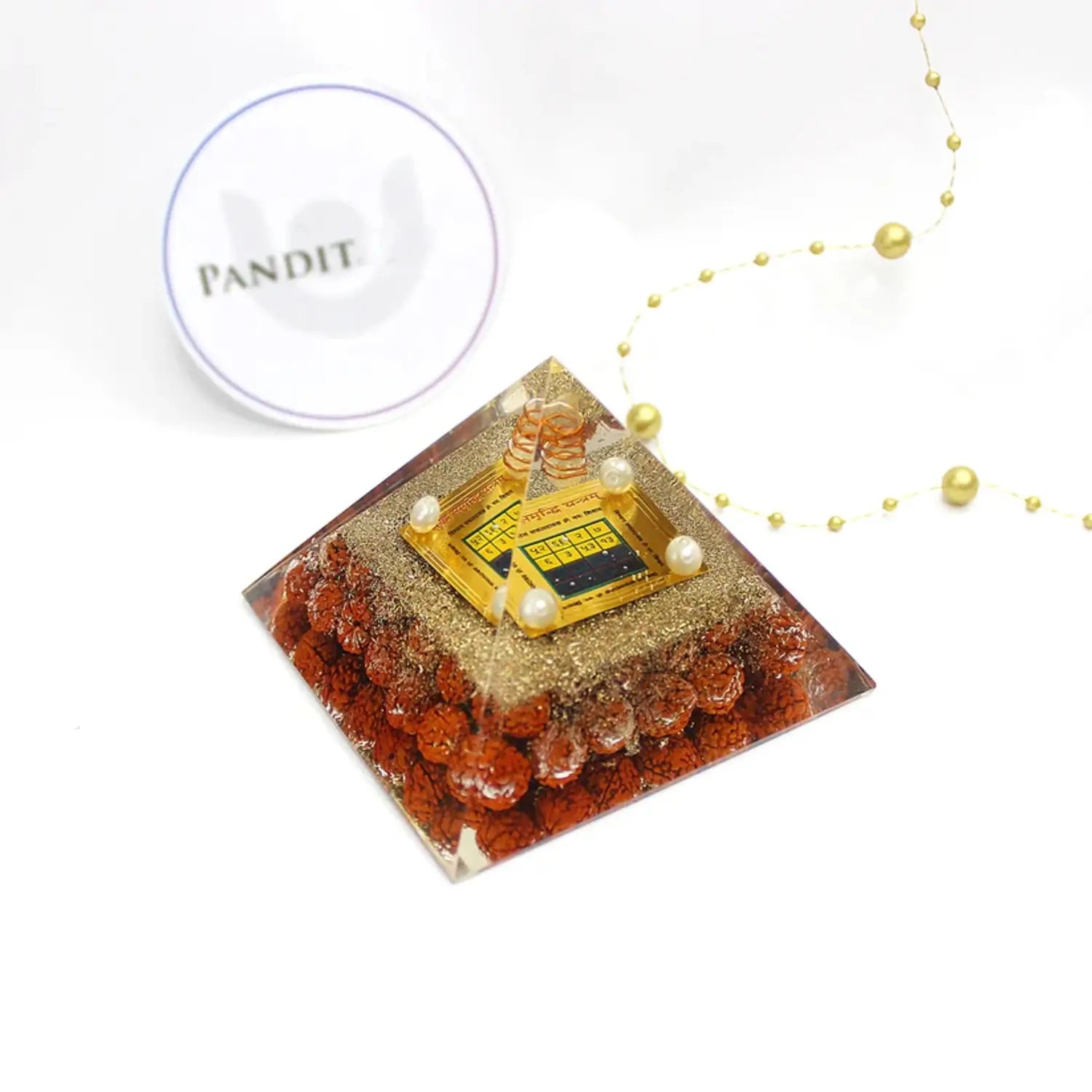 Sukh Samriddhi Pyramid Yantra With 5 Mukhi Rudraksha Beads