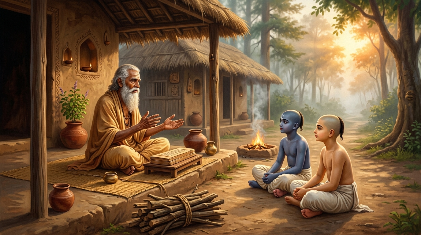 Krishna and Balarama seated before their guru Sandipani Muni at his ashram in Avantipura, with gathered firewood set beside them