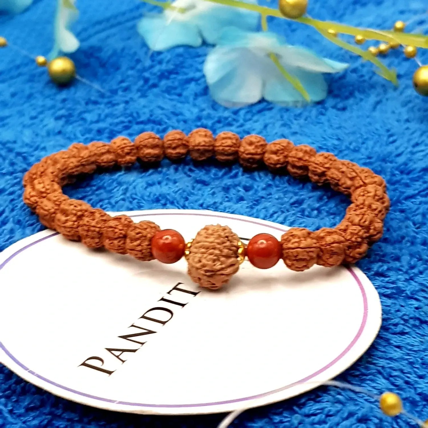 11 Mukhi Rudraksha Bracelet with 5 Mukhi Beads and Red Jasper Stones