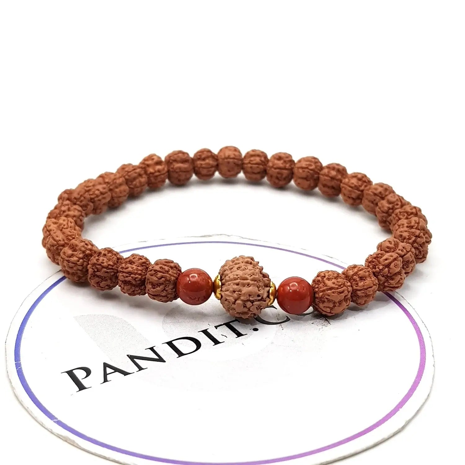 11 Mukhi Rudraksha Bracelet with 5 Mukhi Beads and Red Jasper Stones