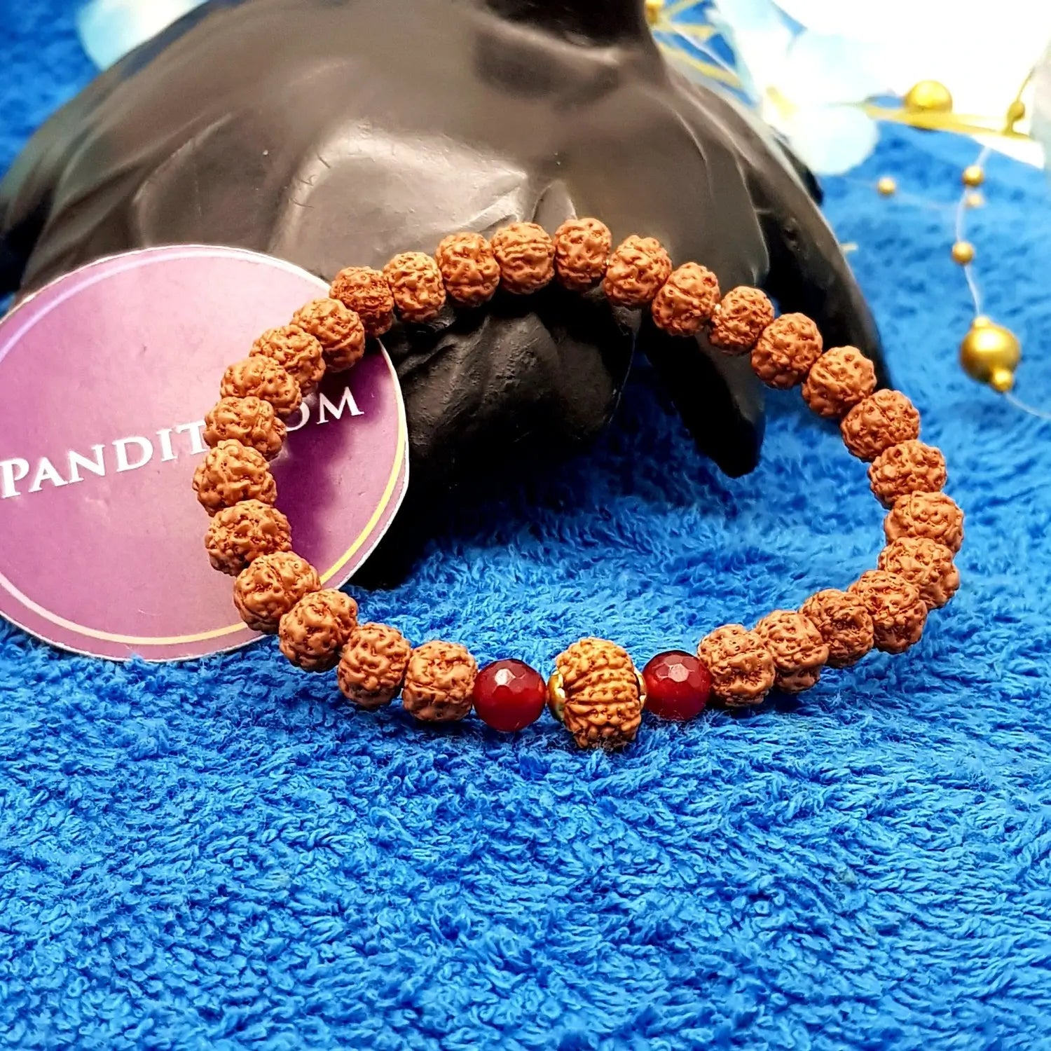 12 Mukhi Rudraksha Bracelet with 5 Mukhi Beads and Carnelian Stones