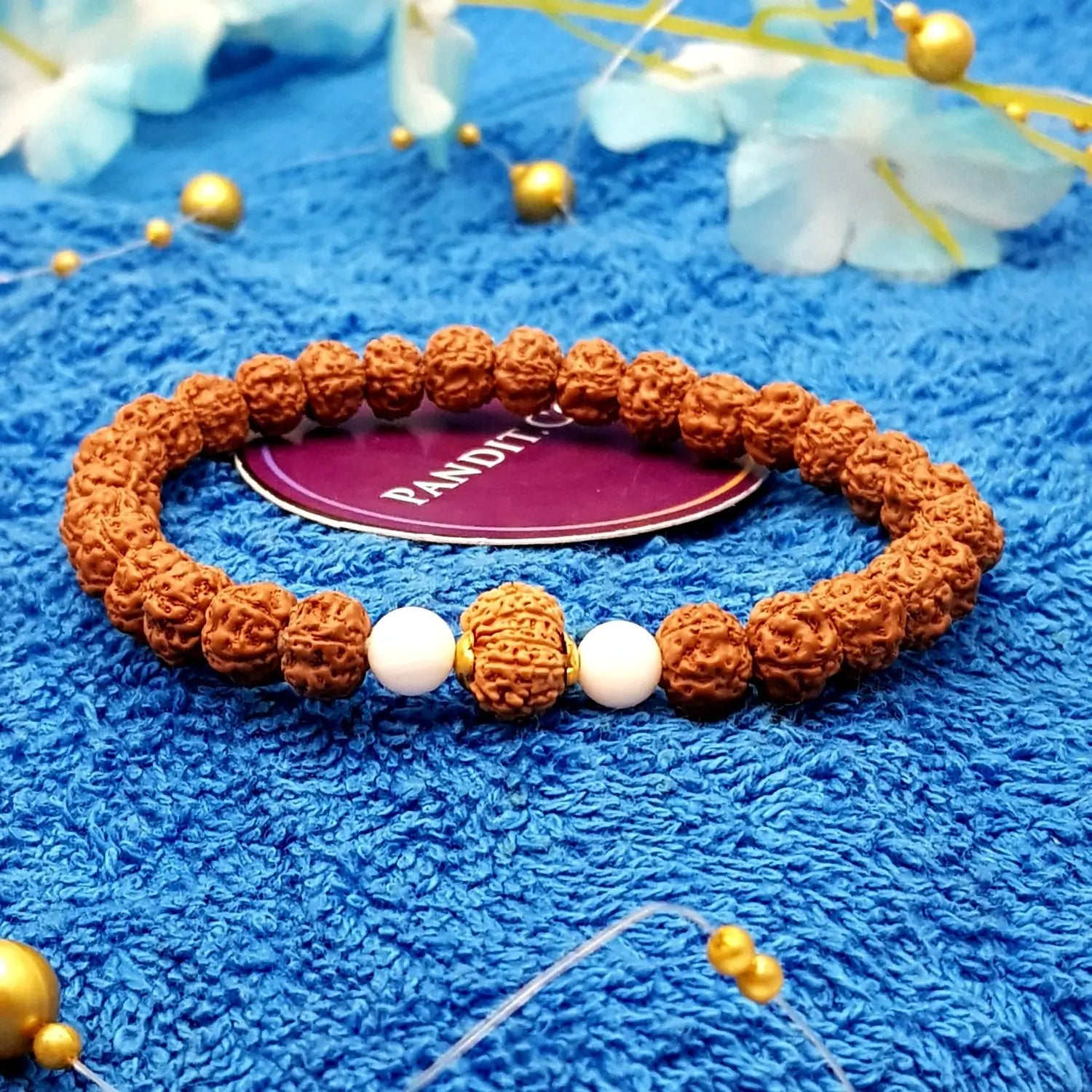 13 Mukhi Rudraksha Bracelet with 5 Mukhi Beads and White Hakik Stones