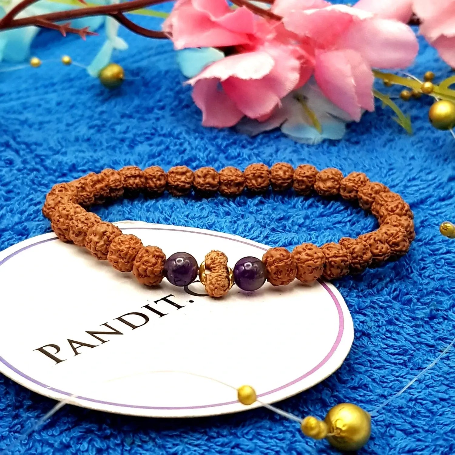 14 Mukhi Rudraksha Bracelet with 5 Mukhi Beads and Amethyst Stones