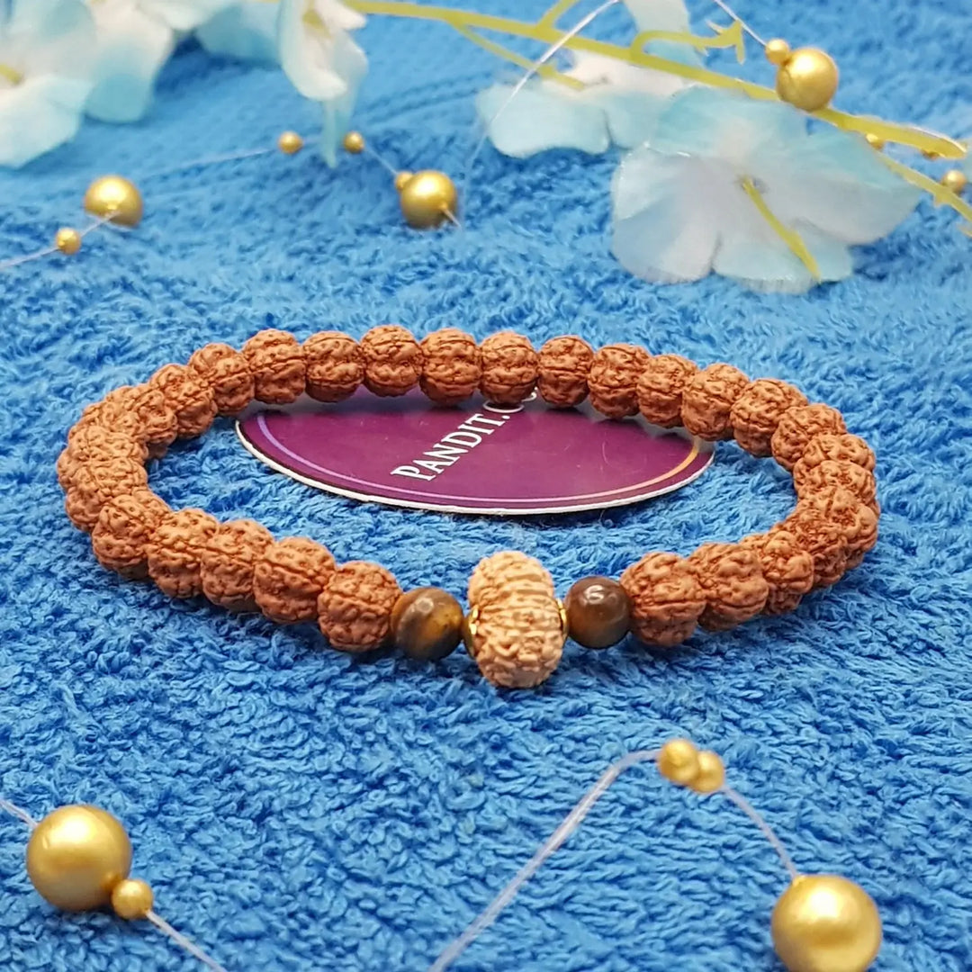 15 Mukhi Rudraksha Bracelet with 5 Mukhi Beads and Tiger Eye Stones