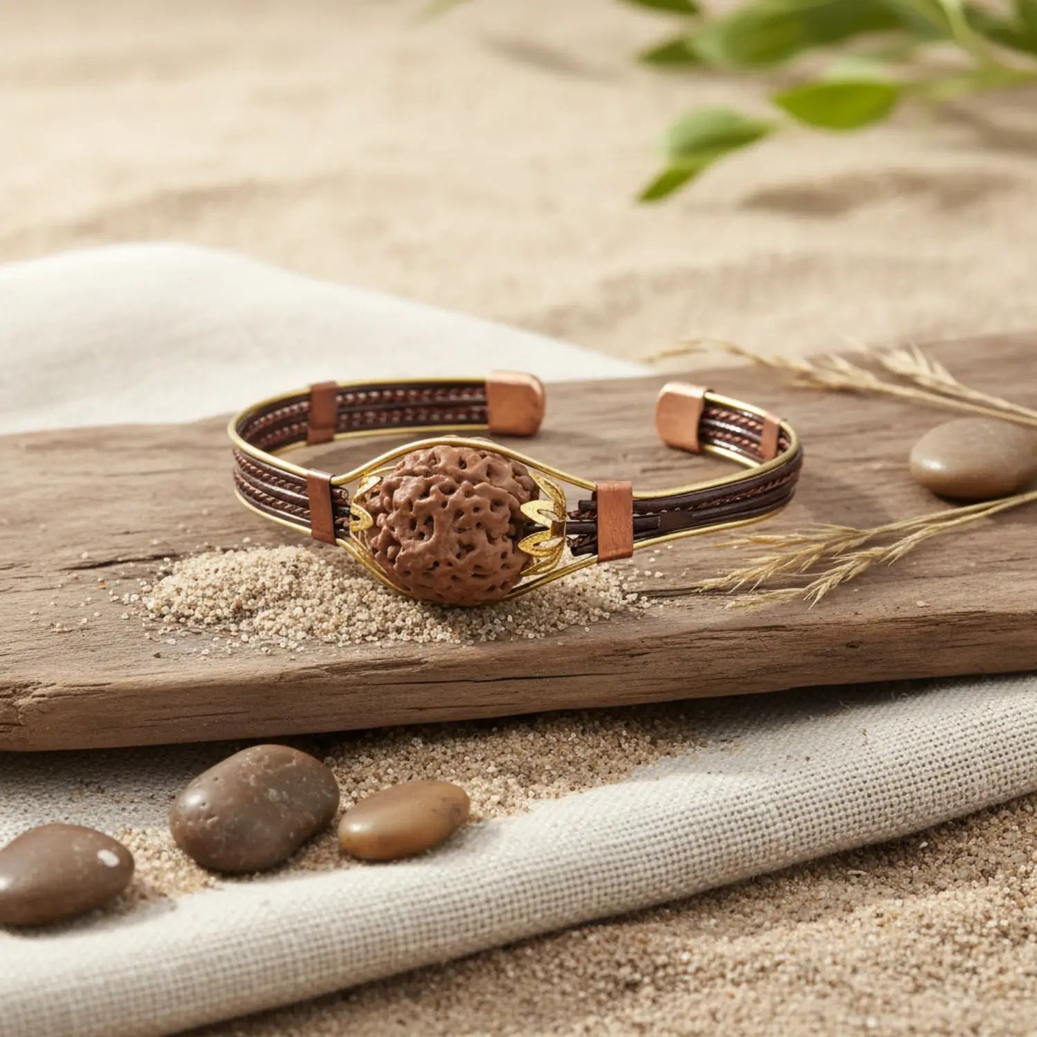 4 Mukhi Copper Rudraksha Bracelet with Brass Accents — bead size reference