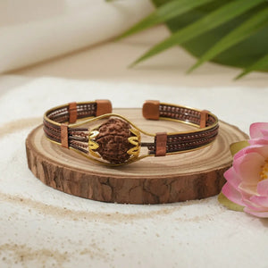 6 Mukhi Copper Rudraksha Bracelet with Brass Accents — close-up macro showing surface texture and natural lines
