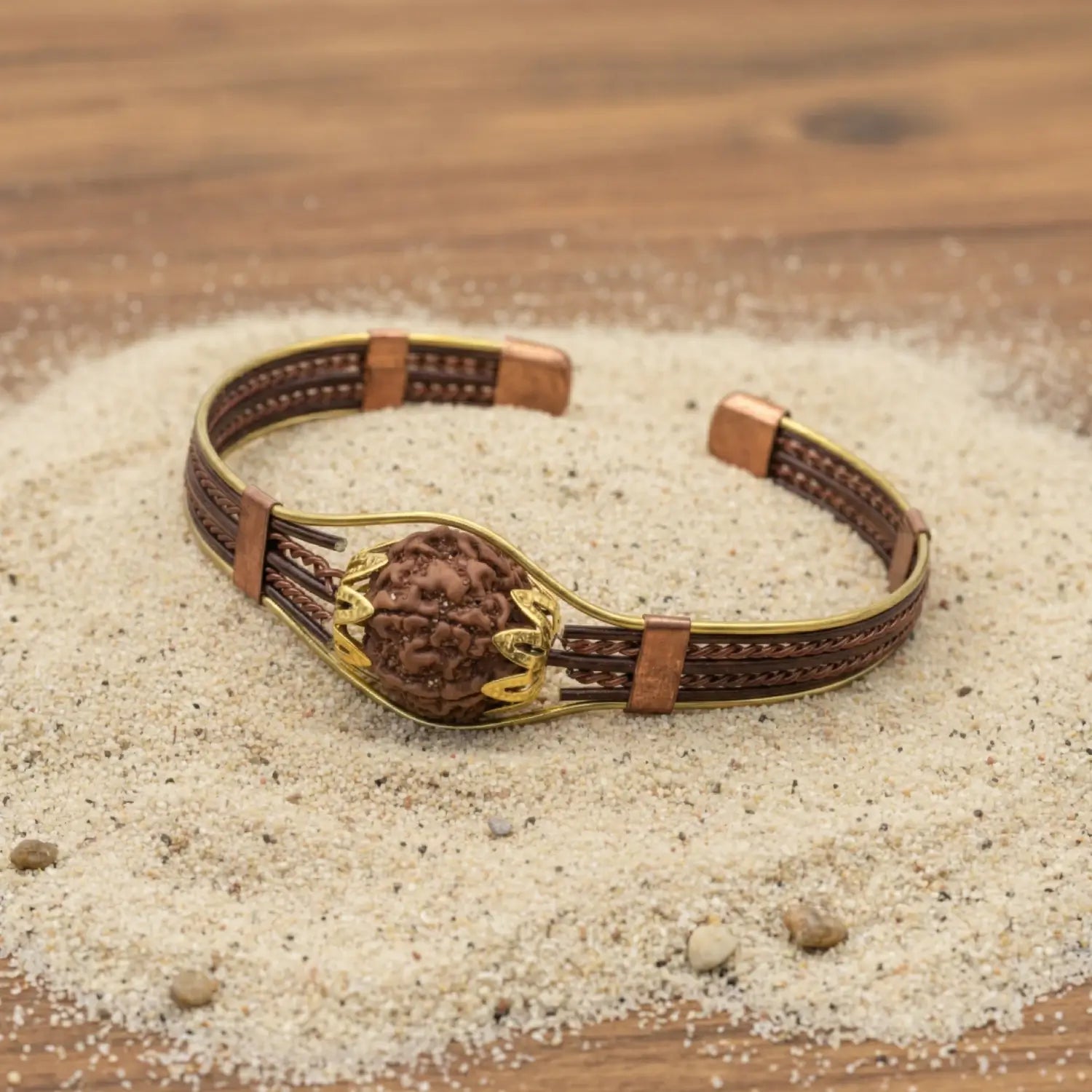 6 Mukhi Copper Rudraksha Bracelet with Brass Accents — bead size reference
