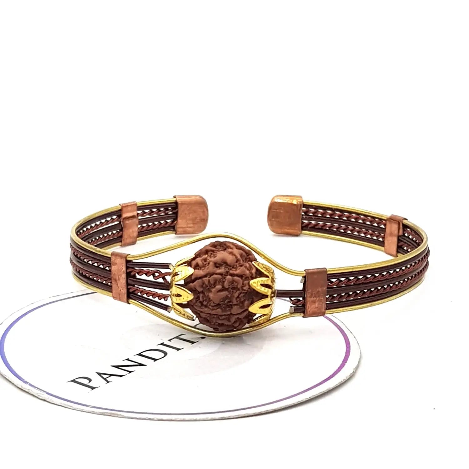 6 Mukhi Copper Rudraksha Bracelet with Brass Accents — bead worn on red thread
