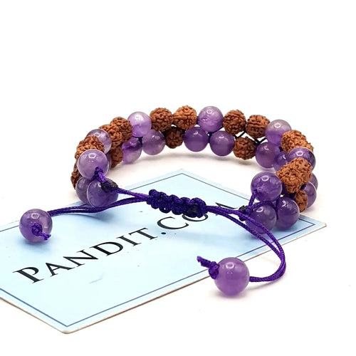 Amethyst Bracelet With 5 Mukhi Rudraksha Beads — main bead view showing mukhi (faces)