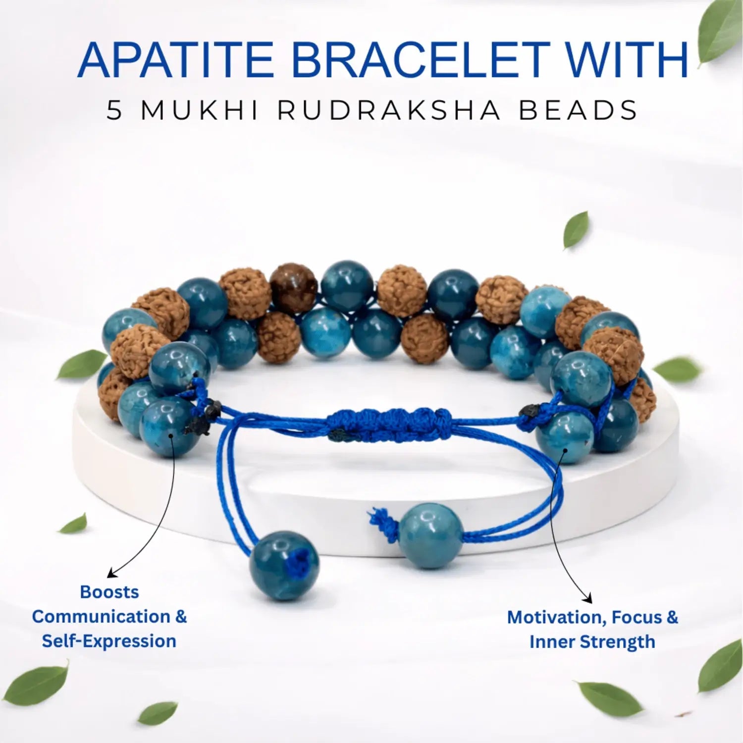 Blue Apatite Bracelet With 5 Mukhi Rudraksha Beads