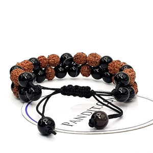 Black Banded Agate Onyx Bracelet With 5 Mukhi Rudraksha Beads — main bead view showing mukhi (faces)