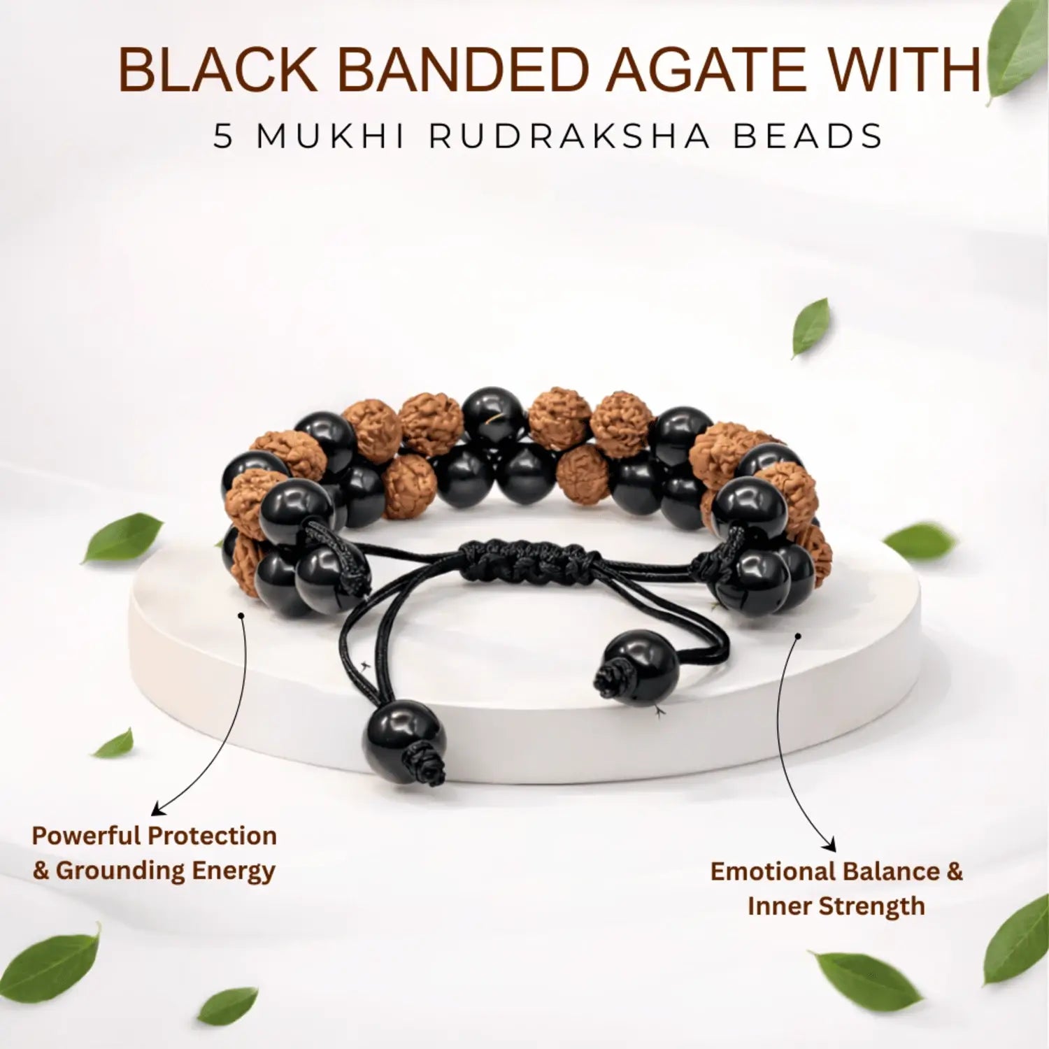 Black Banded Agate Onyx Bracelet With 5 Mukhi Rudraksha Beads