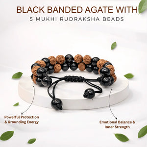 Black Banded Agate Onyx Bracelet With 5 Mukhi Rudraksha Beads — close-up macro showing surface texture and natural lines