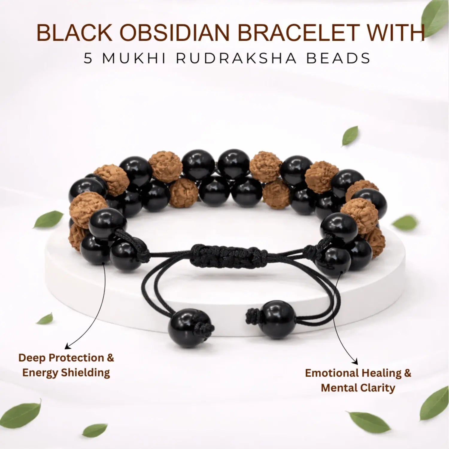 Black Obsidian Bracelet With 5 Mukhi Rudraksha Beads