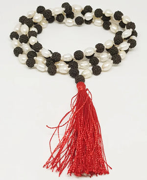 Black Rudraksha Mala with White Pearl Beads