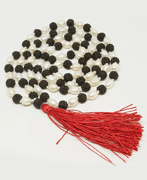 Black Rudraksha Mala with White Pearl Beads