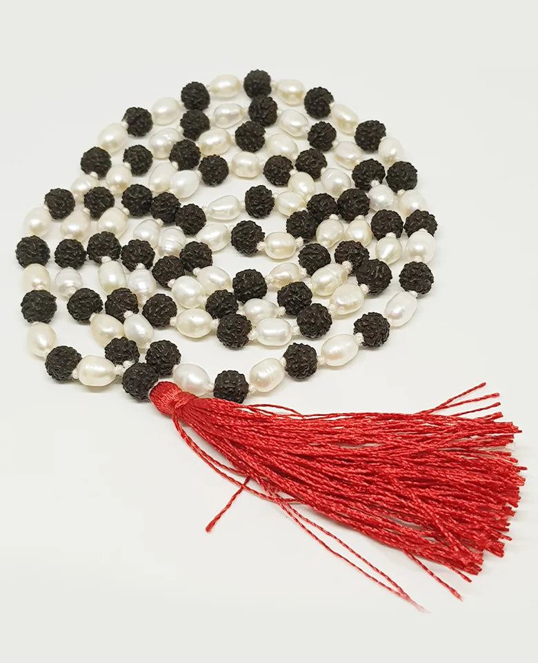 Black Rudraksha Mala with White Pearl Beads