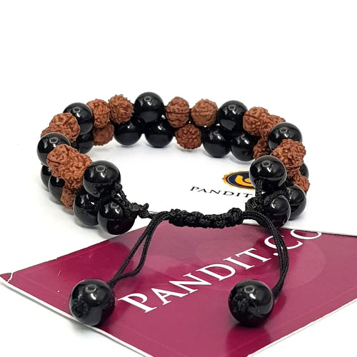 Black Tourmaline Bracelet With 5 Mukhi Rudraksha Beads — main bead view showing mukhi (faces)