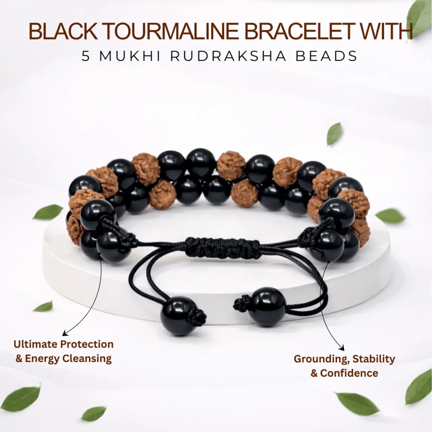 Black Tourmaline Bracelet With 5 Mukhi Rudraksha Beads
