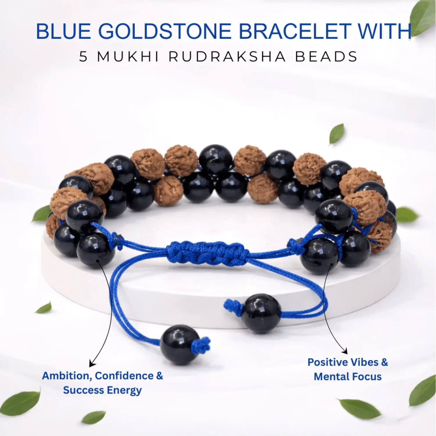 Blue Goldstone Bracelet With 5 Mukhi Rudraksha Beads