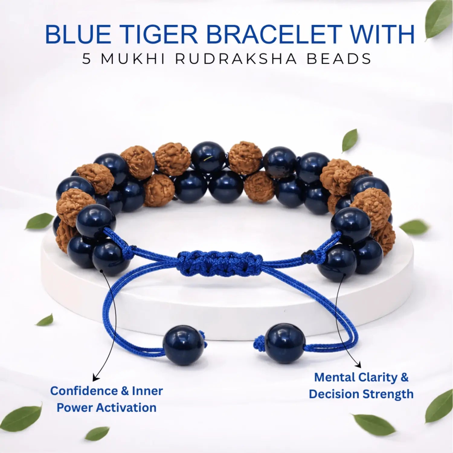 Blue Tiger Bracelet With 5 Mukhi Rudraksha Beads