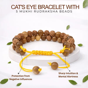 Cat's Eye Bracelet With 5 Mukhi Rudraksha Beads — close-up macro showing surface texture and natural lines