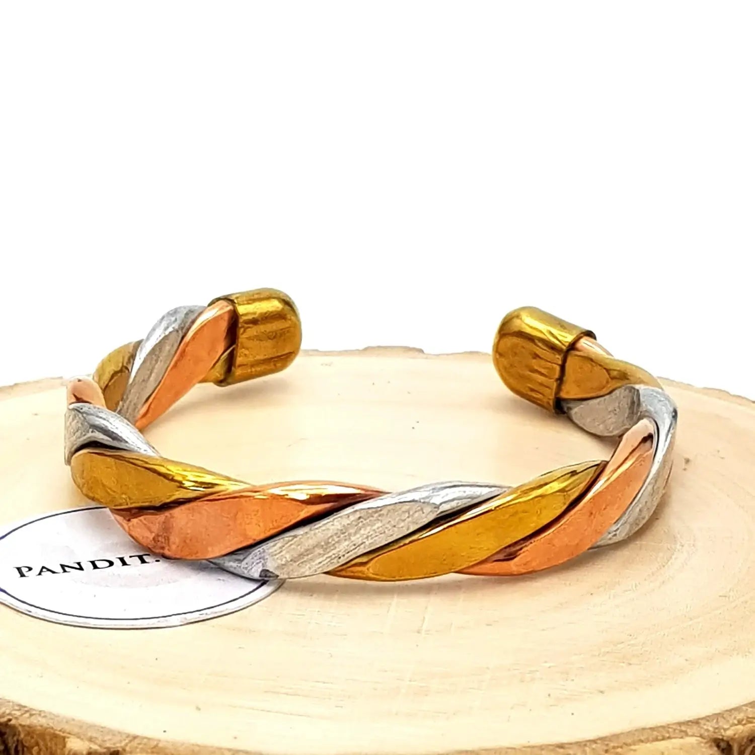 Copper and Brass Bracelet with White Metal — additional angle view of bracelet