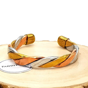 Copper and Brass Bracelet with White Metal — additional angle view of bracelet