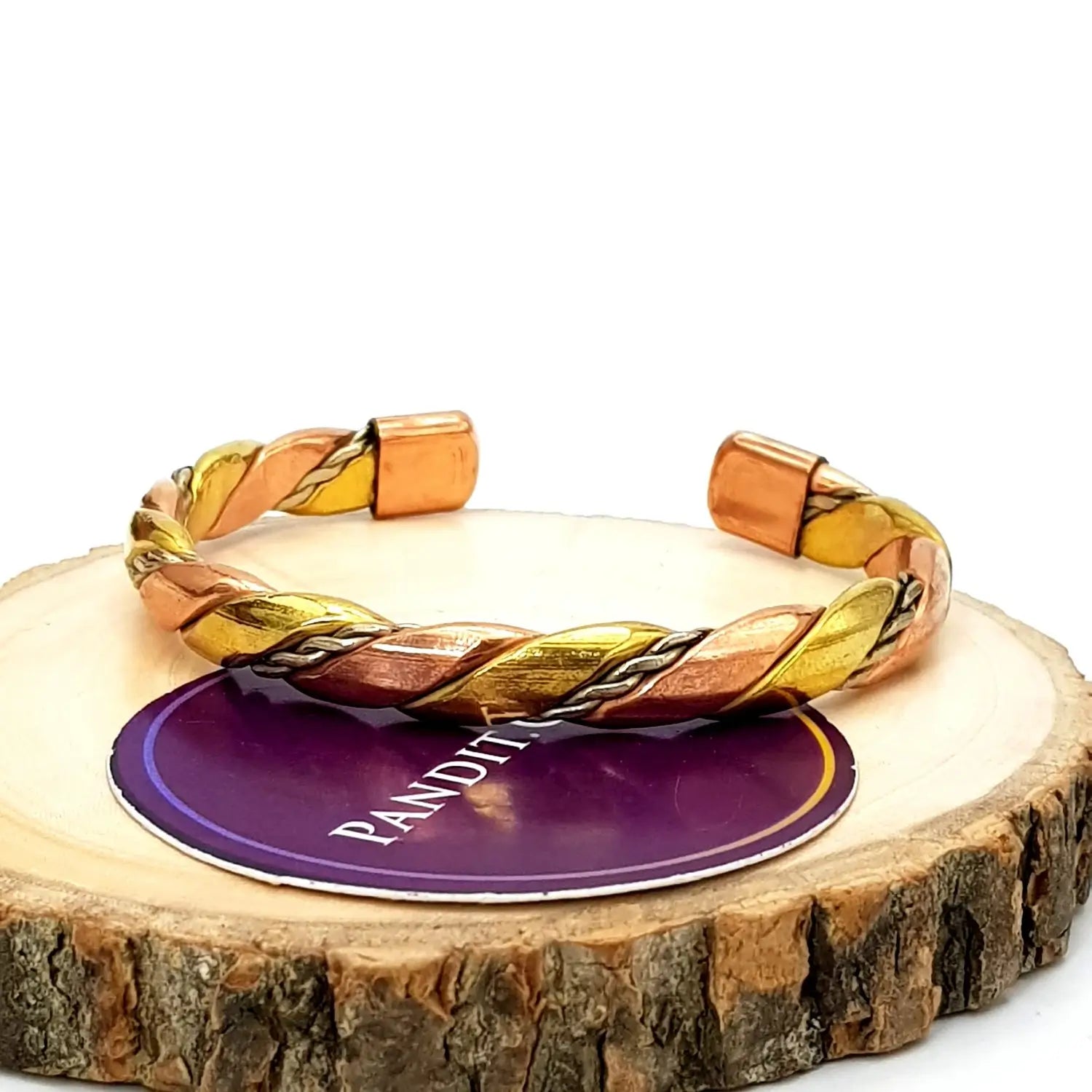 Copper and Brass Bracelet with White Metal — clasp and elastic threading detail