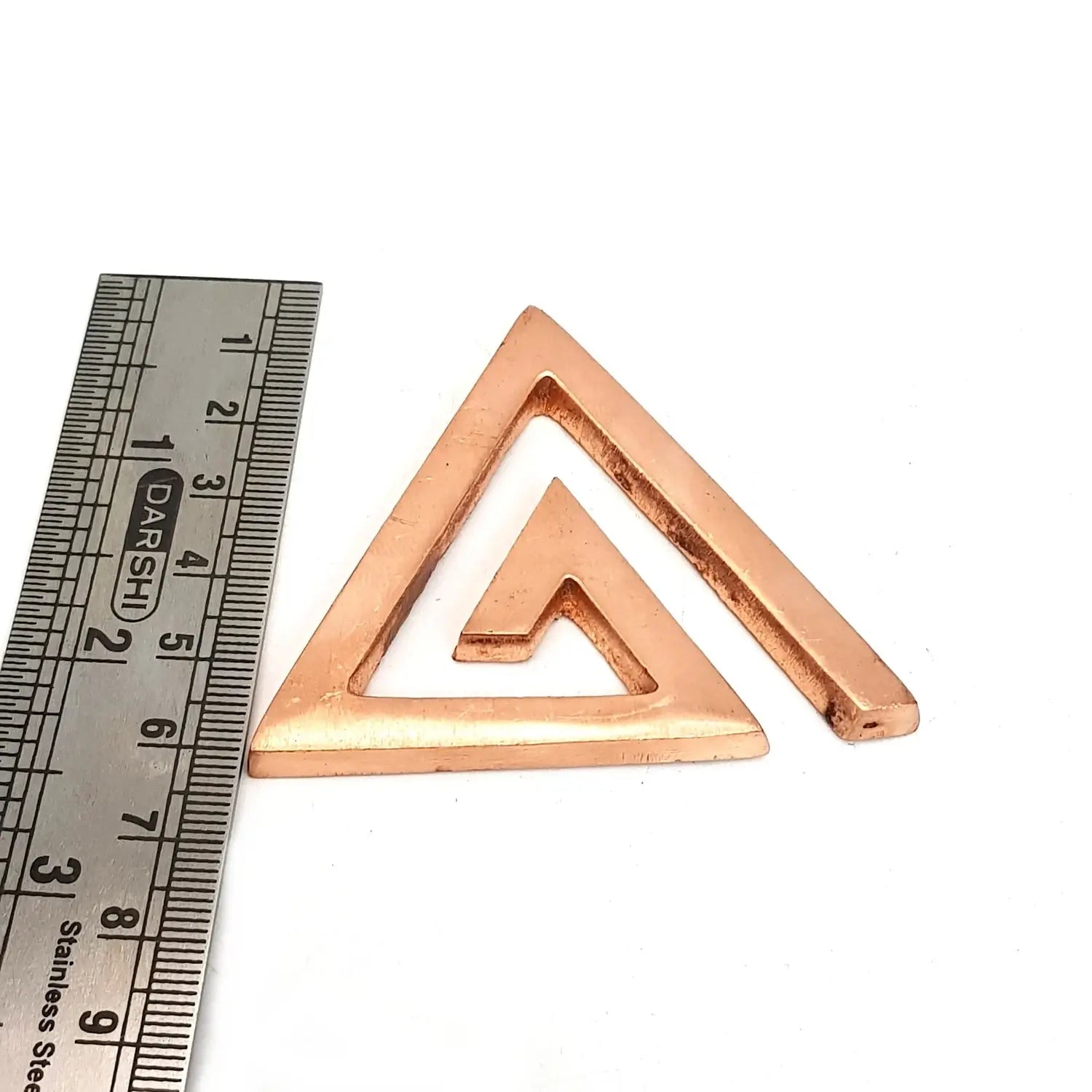 Copper Triangle For Positive Energy — comparison view with size reference