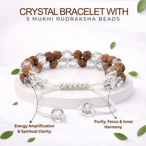 Crystal / Sphatik Diamond Cut Bracelet With 5 Mukhi Rudraksha Beads — close-up macro showing surface texture and natural lines
