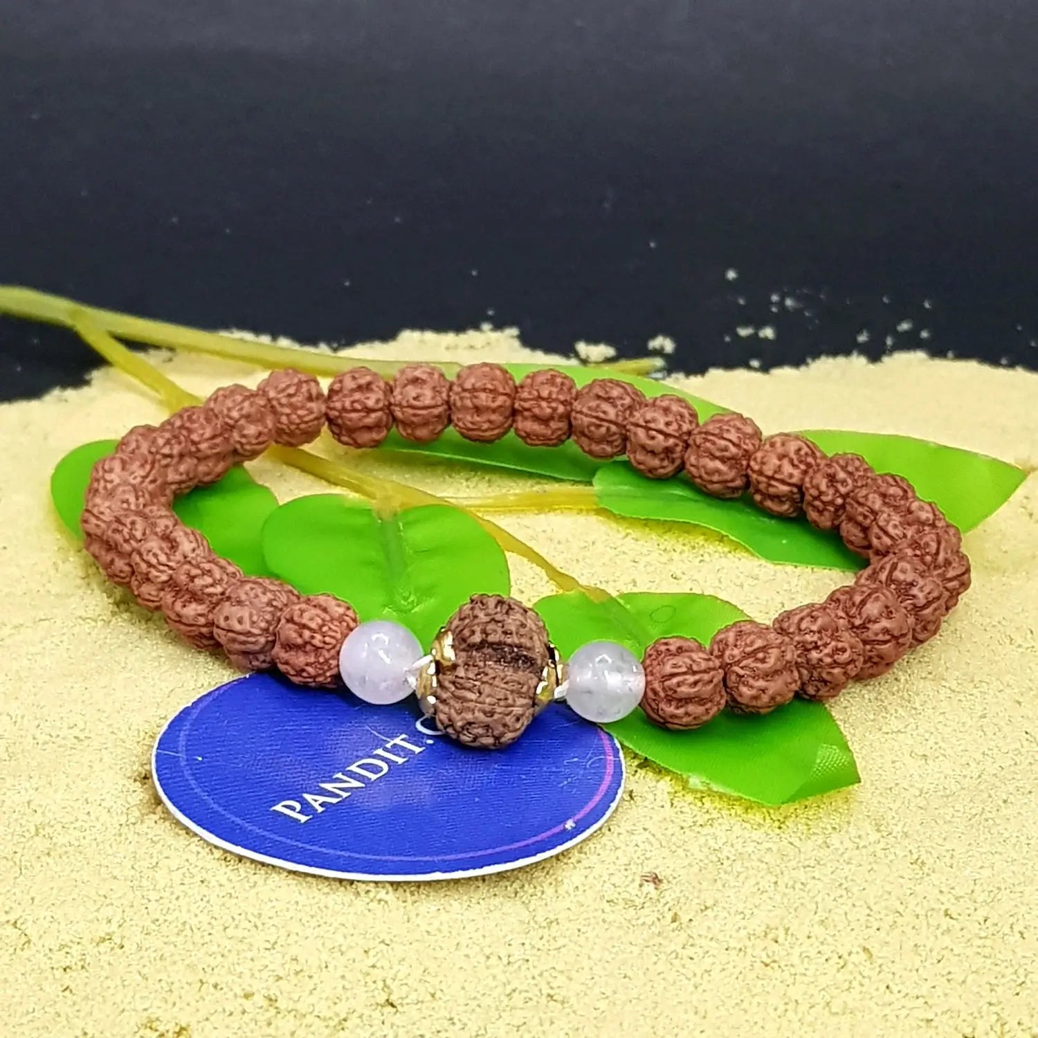 Gauri Shankar Rudraksha Bracelet with 5 Mukhi Beads and Rose Quartz Stones