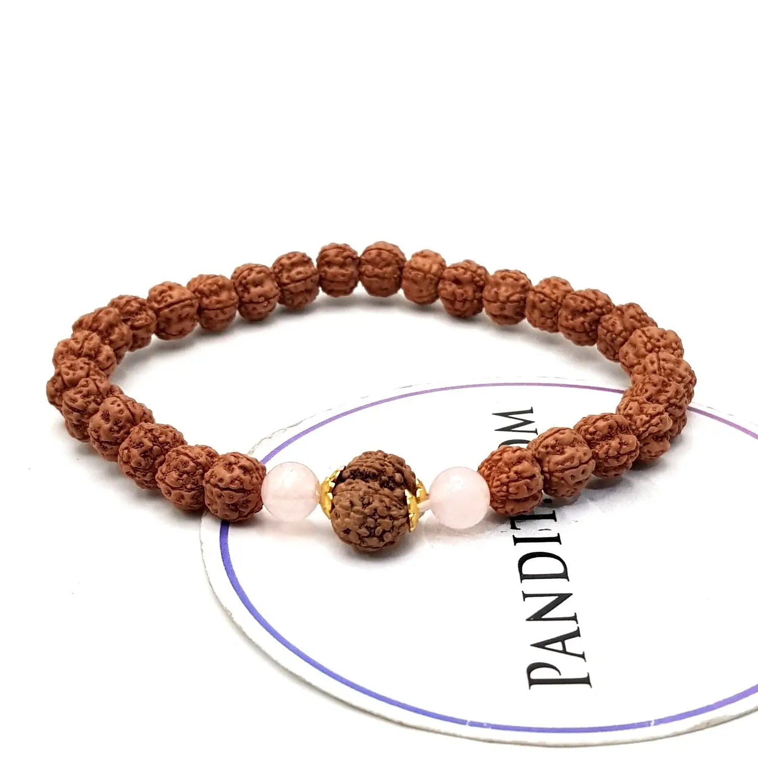 Gauri Shankar Rudraksha Bracelet with 5 Mukhi Beads and Rose Quartz Stones