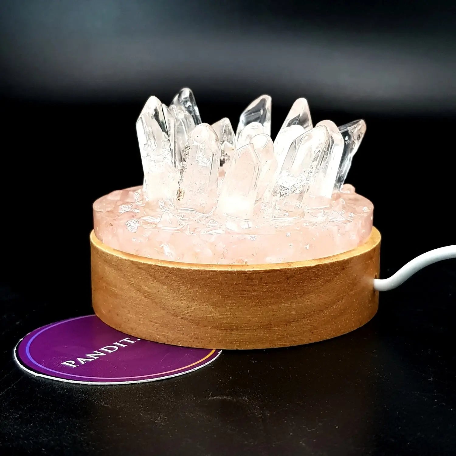 Gemstone Cluster Lamp With Wooden Base