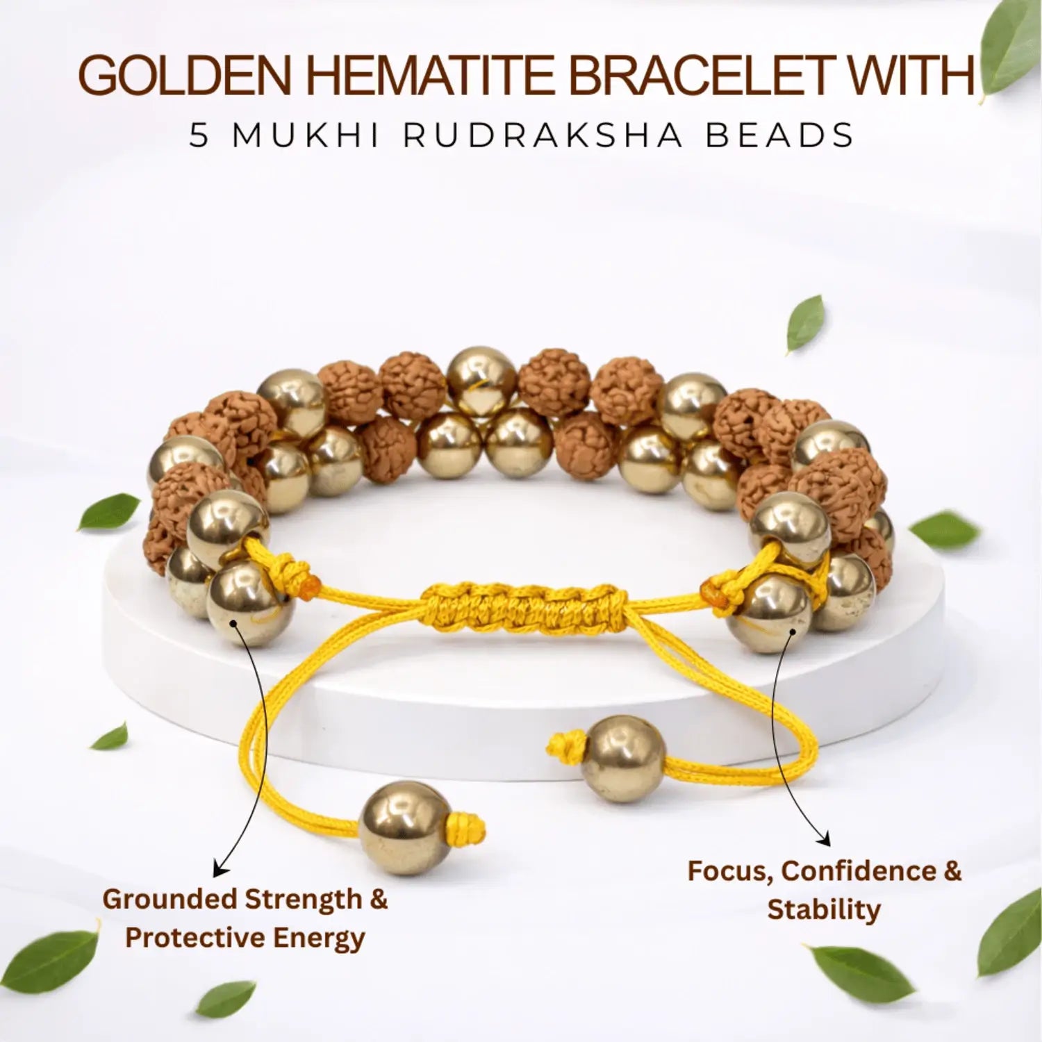 Golden Hematite Bracelet With 5 Mukhi Rudraksha Beads