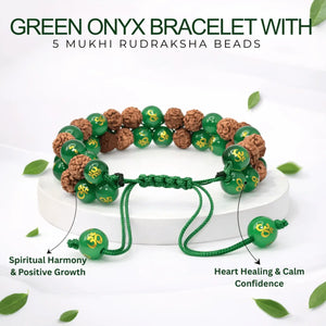 Green Onyx Om Bracelet With 5 Mukhi Rudraksha Beads — close-up macro showing surface texture and natural lines