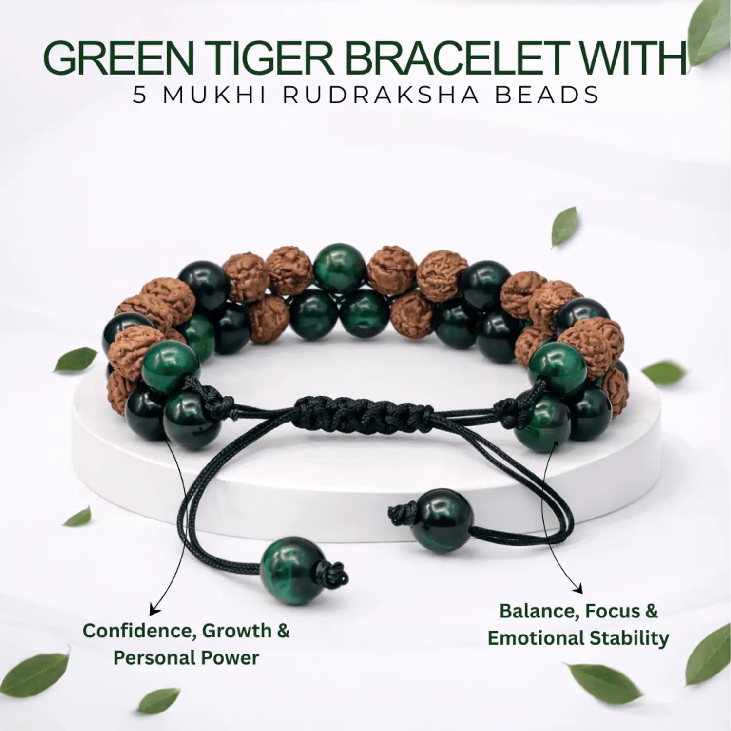 Green Tiger Bracelet With 5 Mukhi Rudraksha Beads
