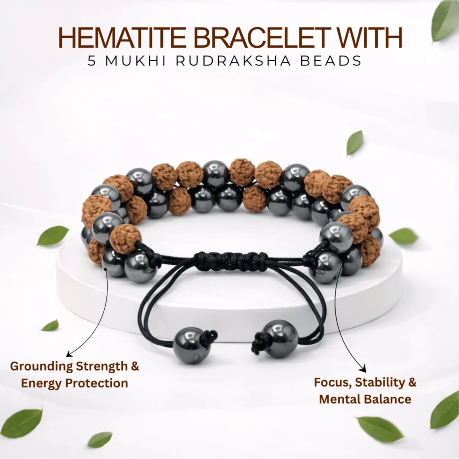 Hematite Bracelet With 5 Mukhi Rudraksha Beads