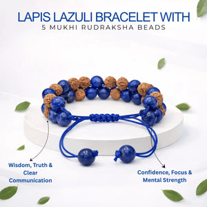 Lapis Lazuli Bracelet With 5 Mukhi Rudraksha Beads — close-up macro showing surface texture and natural lines