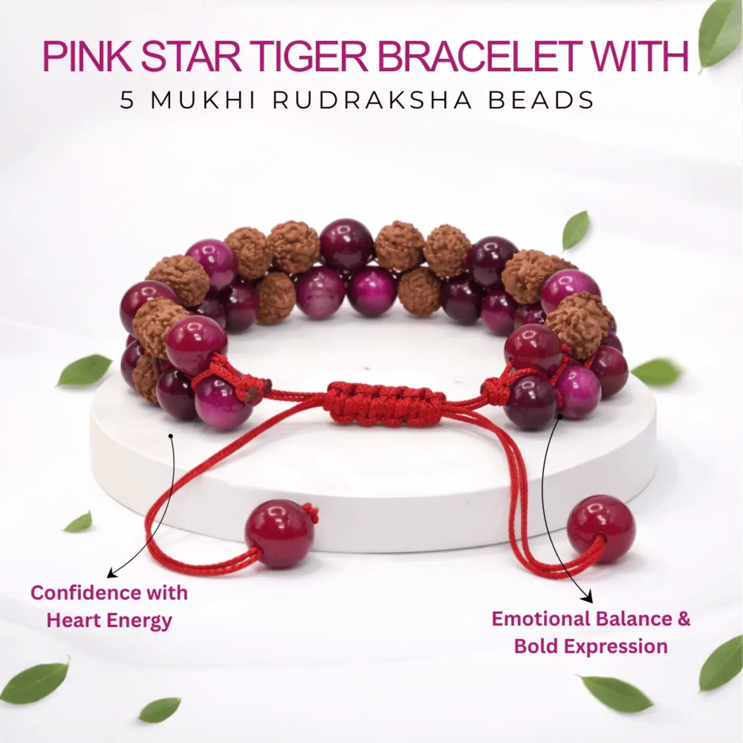 Pink Star Tiger Bracelet With 5 Mukhi Rudraksha Beads